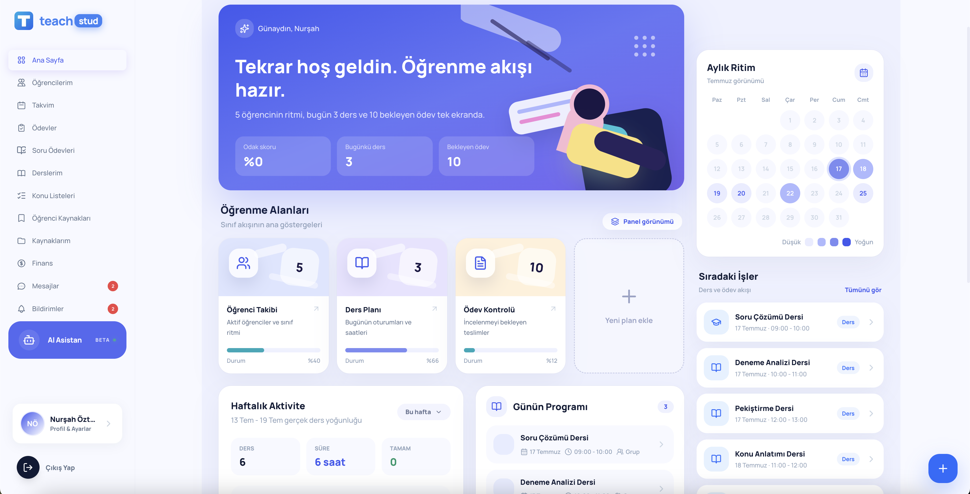 Öğretmen kontrol paneli Teachstud panel ekranı